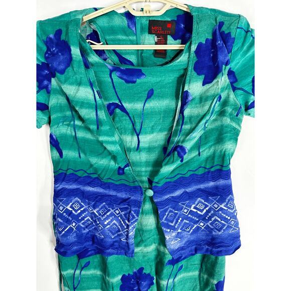 Vintage Miss Scarlett Midi Dress Size 12 Petite Blue Green Short Sleeve Artsy - Picture 2 of 8